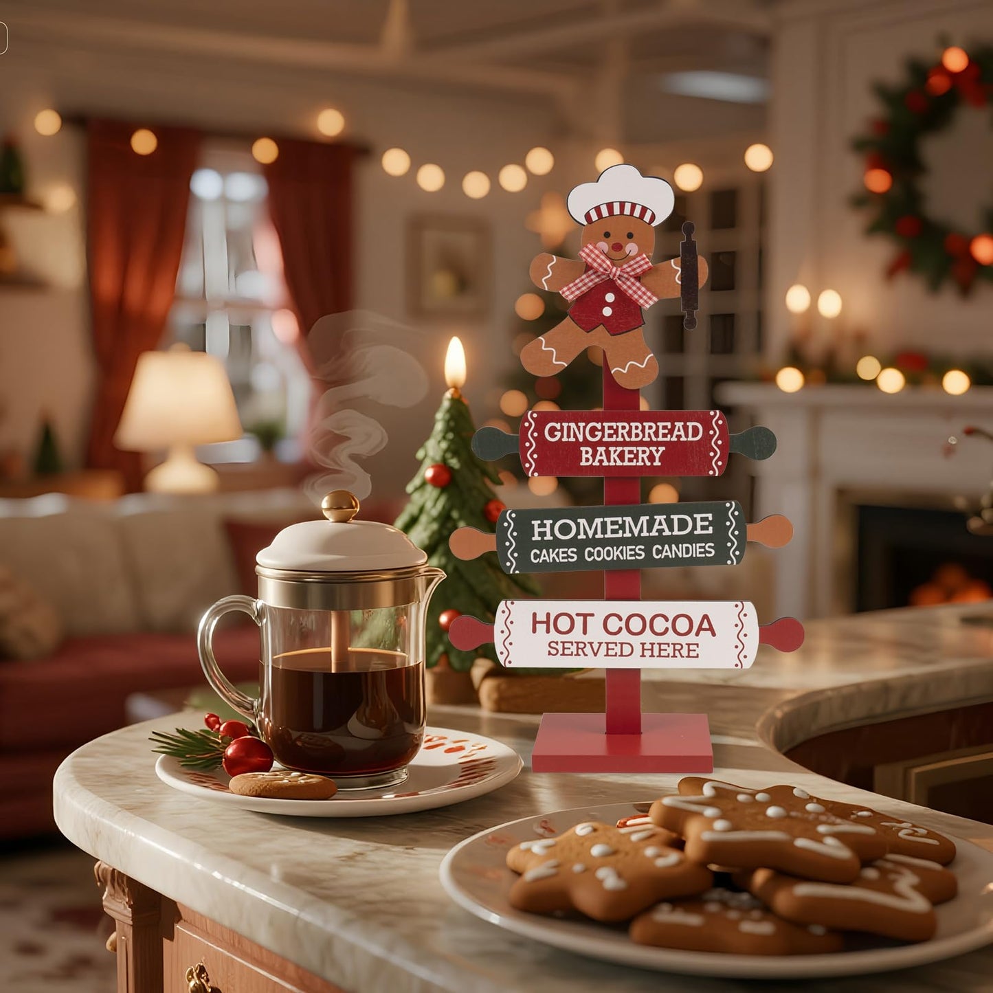 pechpell Wooden Gingerbread Bakery Sign, 15.7" Christmas Gingerbread Man Kitchen Tabletop Decorations, Indoor Holiday Wood Ginger Bread Stand Decorative Signage Table Centerpiece Decor for Home