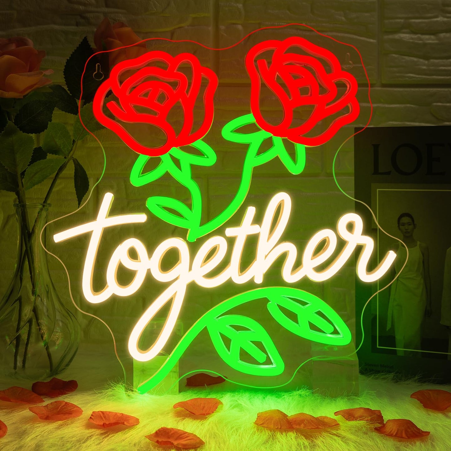 Looklight Together Neon Sign Wedding Neon Signs for Wall Decor Flower Light Happy Anniversary Sign Rose Wall Decor Led Lights for Anniversary Celebration Wedding Party Bedroom Home Decorations Gifts