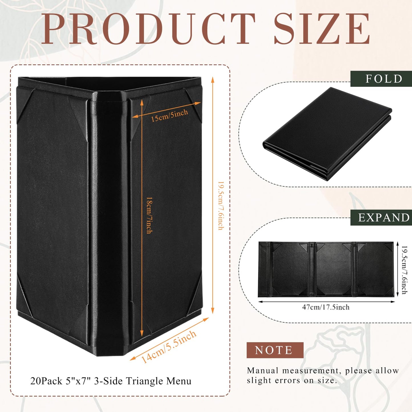 FoldTier 20 Pcs 5 x 7 Inch Triangle Menu Holders for Restaurant 3 Side Leatherette Table Tent Frame Menu Sign Cover Bulk for Restaurant Coffee Cafe Bar Wedding Drink Dessert