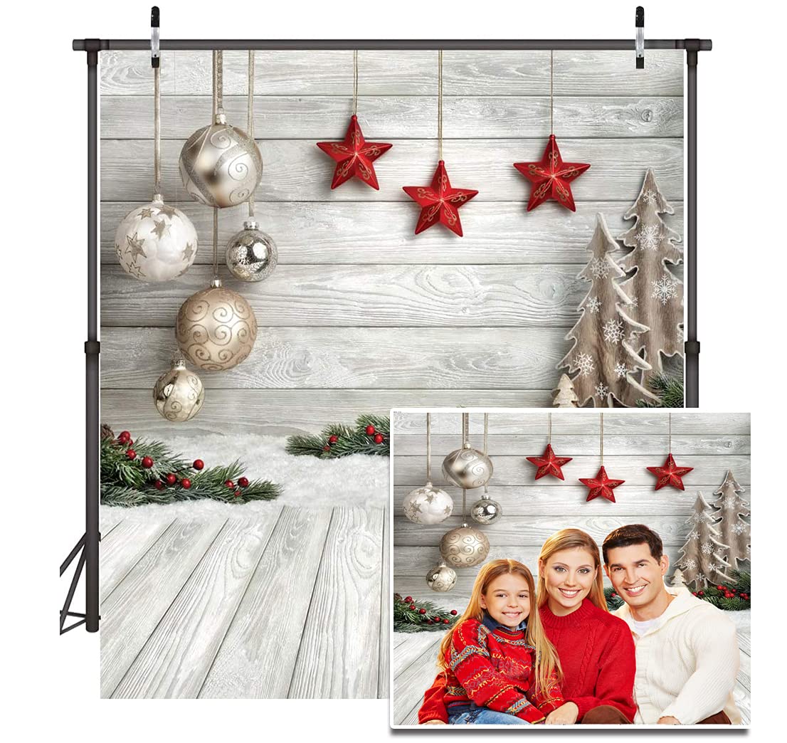 Dudaacvt 10x10ft Christmas Backdrop with Xmas Tree, Balls, White Wood Floor for Photography