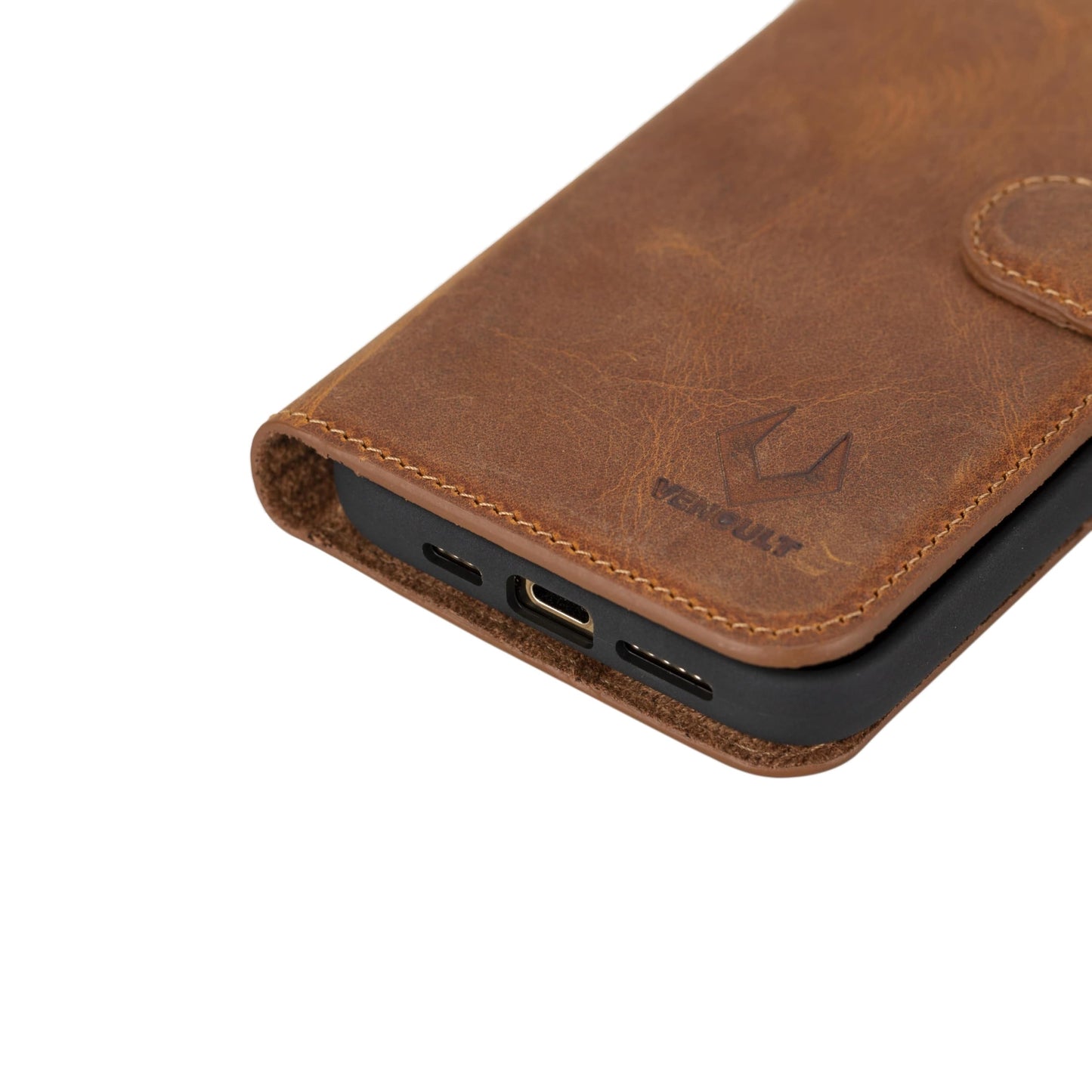 VENOULT Detachable Wallet Case for iPhone 15 Pro MAX, 4 Card Holder Wallet, Man or Women Folio Cover, Compatible with Magsafe, RFID, Genuine Leather, Kick Stand (Almond Brown)