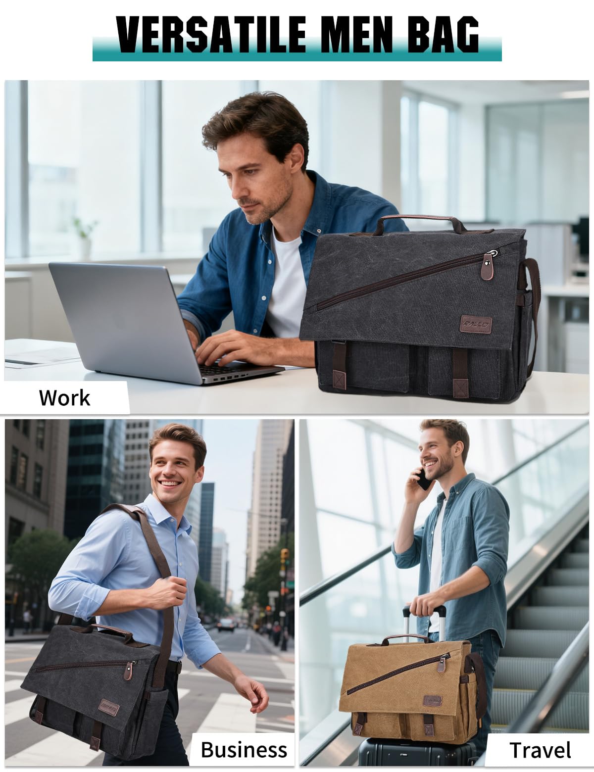 RAVUO Messenger Bag for Men, Water-Resistant Canvas Satchel Briefcase, Fits 15.6-Inch Laptop, Padded Strap, Large Capacity Bag for Work, Business, College, Black