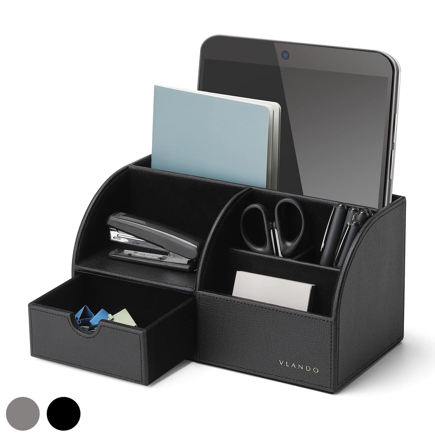 Vlando Office Desk Organizer Leather Desktop Organizer Caddy with Drawer for Storing Desktop Supplies and Accessories (Black)