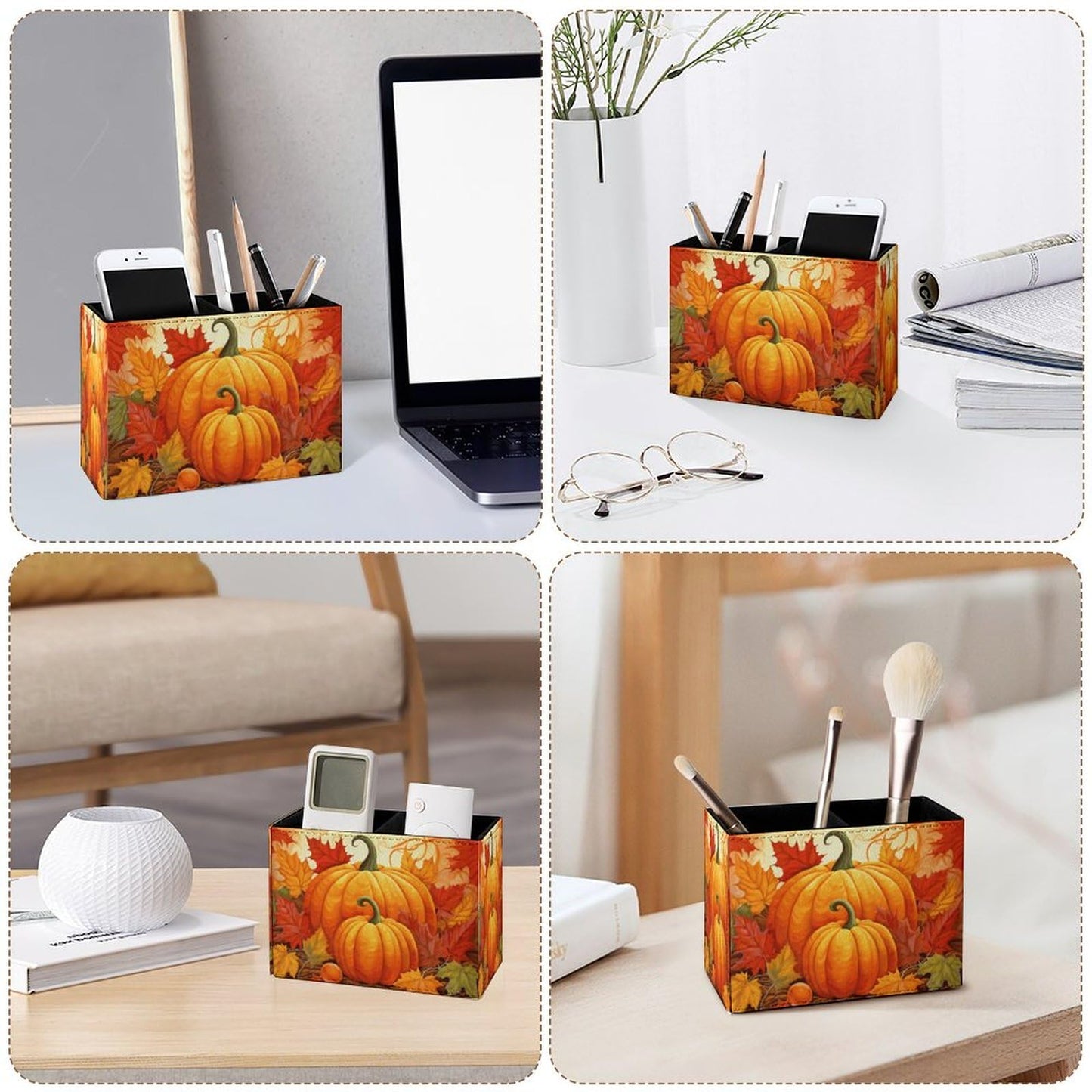 Famame Pumpkin Autumn Harvest Pencil Holder for Desk, Leather Desktop Container Pen Cup Storage Study Table Pen Organizer Makeup Brush Holder for Classroom Office Home