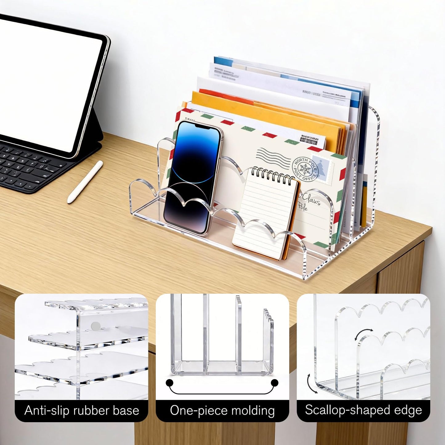 Cryozeo Clear Acrylic Mail Organizer,3 Compartments Letter Holder for Desk, Vertical Acrylic Mail Sorter, Desk Organizer for Letters, Envelope, Bills, Stationery
