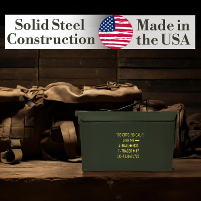 U.S. Military Issue 50 Cal Ammo Can (M2A1/M2A2), Solid Alloy Steel Storage Containers – Watertight & Airtight Army Ammo Box w/Hinged Lid, Locking Latch - Military Grade Ammo Cans Metal