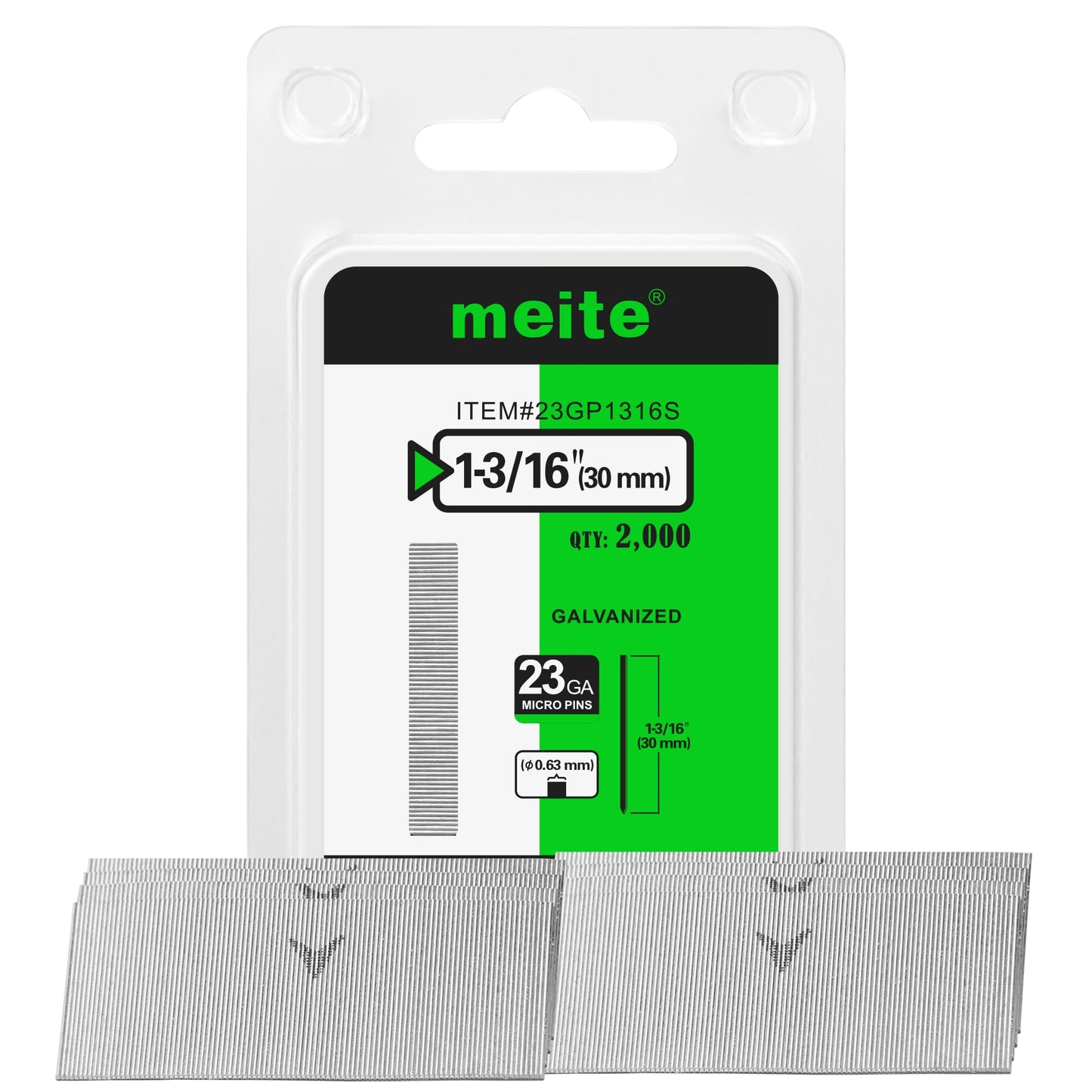 meite 23 Gauge Pin Nails, 1-3/16 Inch Micro Headless Pins - Galvanized 23GA Pins Nails for Nail Gun, Ideal for Fine Woodworking and Trim Work (2,000 Counts)