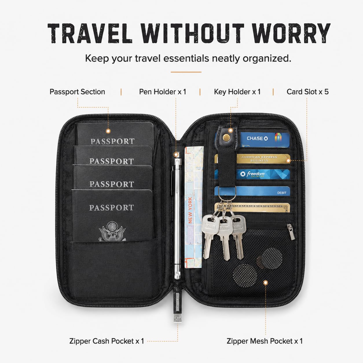 Travel Passport Holder - Family Passport Wallet Holder, Lightweight Portable Travel Document Organizer Passport Card Cover with Zipper Pocket (Black)