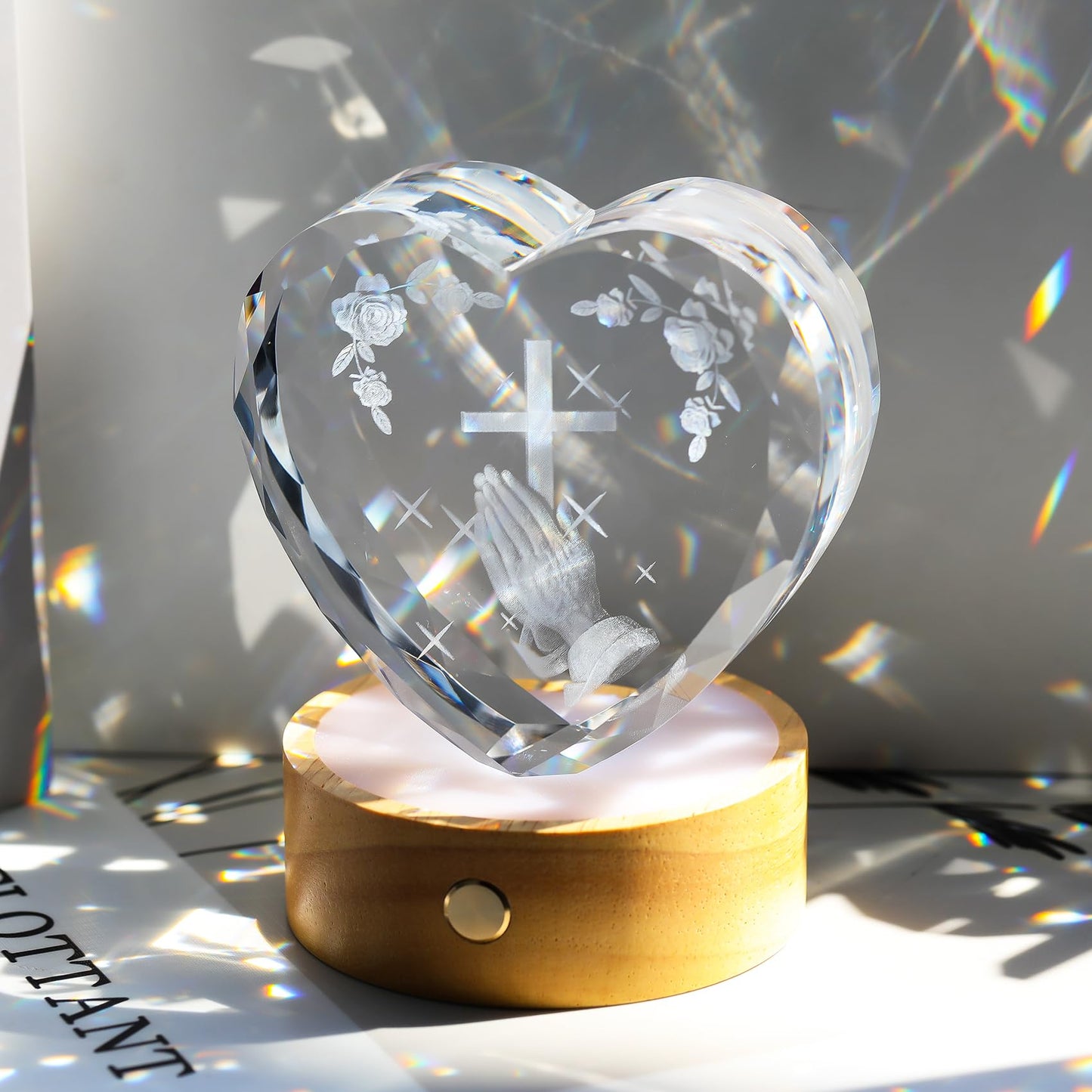 3D Cross with Praying Hands Crystal Heart Religious Gifts for Women Men - Glass Christian Gift Idea for Room with Wooden Light Base, Collectible Night Light for Catholic on Easter Home Decor