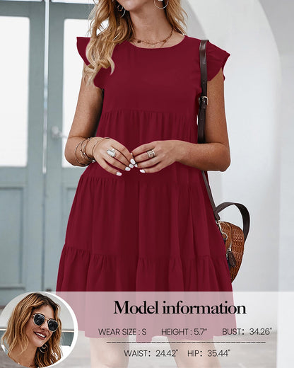 KIRUNDO Wedding Guest Dresses for Women Short Summer Sleeveless Ruffle Sleeve Round Neck Loose Short Flowy Pleated Tiered Mini Dress (Wine Red, X-Large)