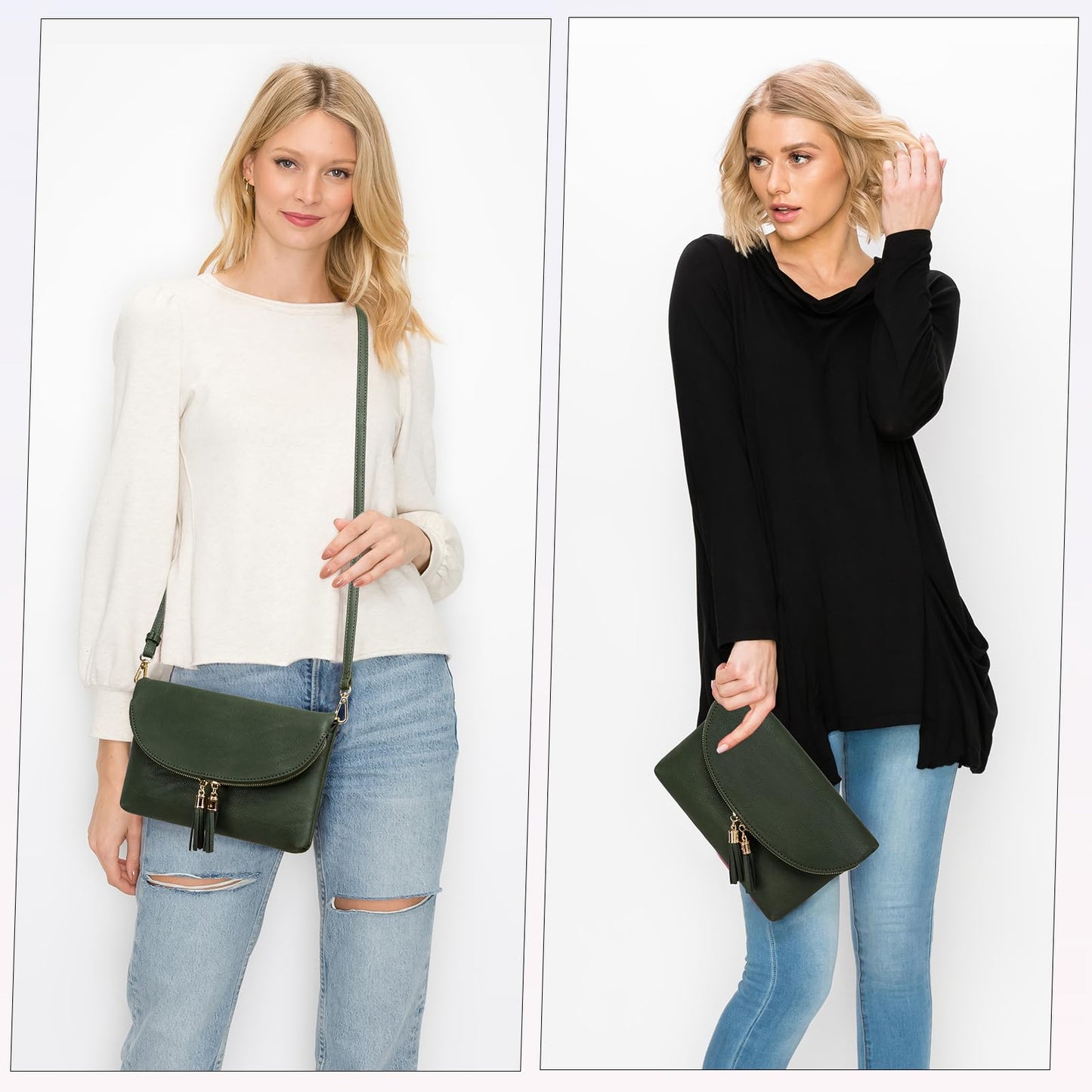 Solene Women's Envelop Clutch Crossbody Bag With Tassels Accent (WU075-Olive)