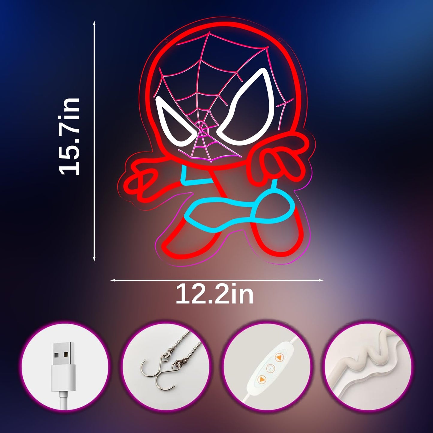 TOPQUALI LED Spider Neon Sign for Wall Decor, Dimmable Anime Light Up Display, Kids Bedroom Game Room Decoration, 12.2x15.7 Inch