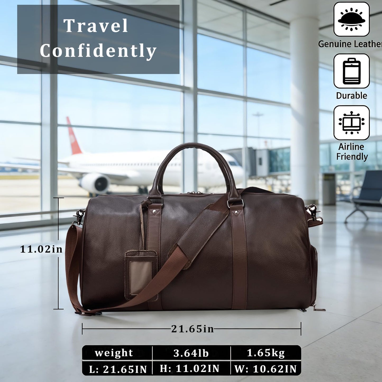 Leather Travel Duffle Bag with Shoe Pouch, Cabin Friendly Weekender Overnight Bags, Carry On Sports Gym Bag for Men Women