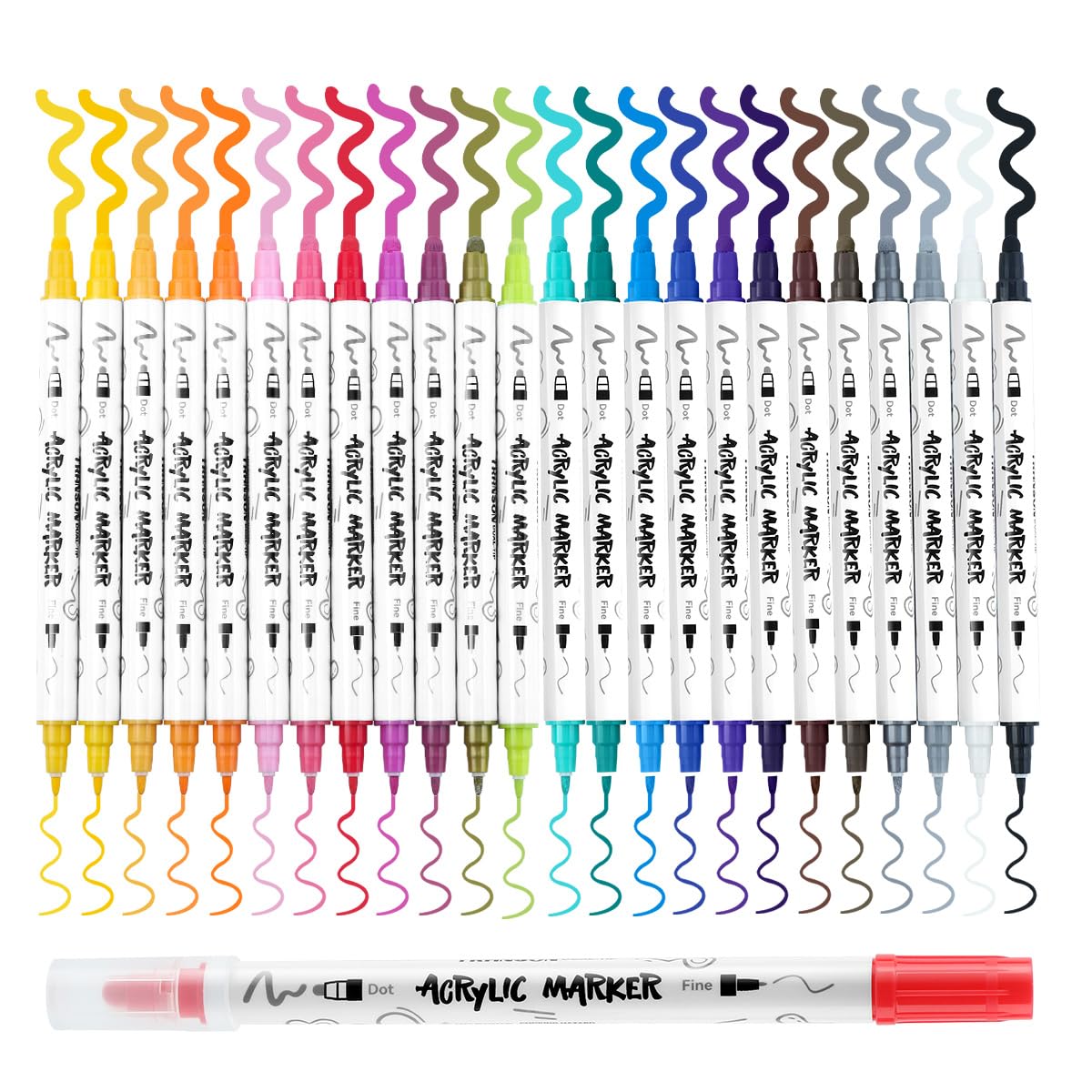 TRANSON 24 Color Bold and Fine Dual-tip Acrylic Paint Pen Set for Canvas Rock Wood Leather Ceramic DIY Painting