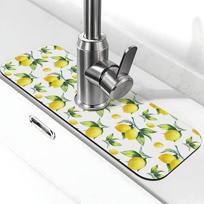 Yellow Lemon Green Leaves Kitchen Sink Splash Guard Faucet Mat Super Absorbent