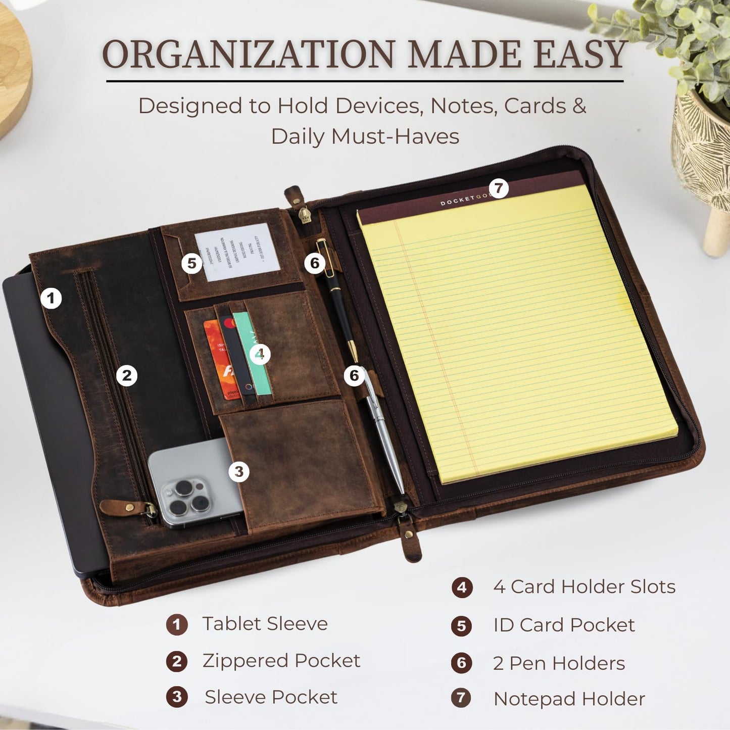 Leather Padfolio with Zipper – Business Portfolio for Men and Women, Legal Pad Portfolio, Leather Folder, Professional Padfolio for Meetings and Interviews