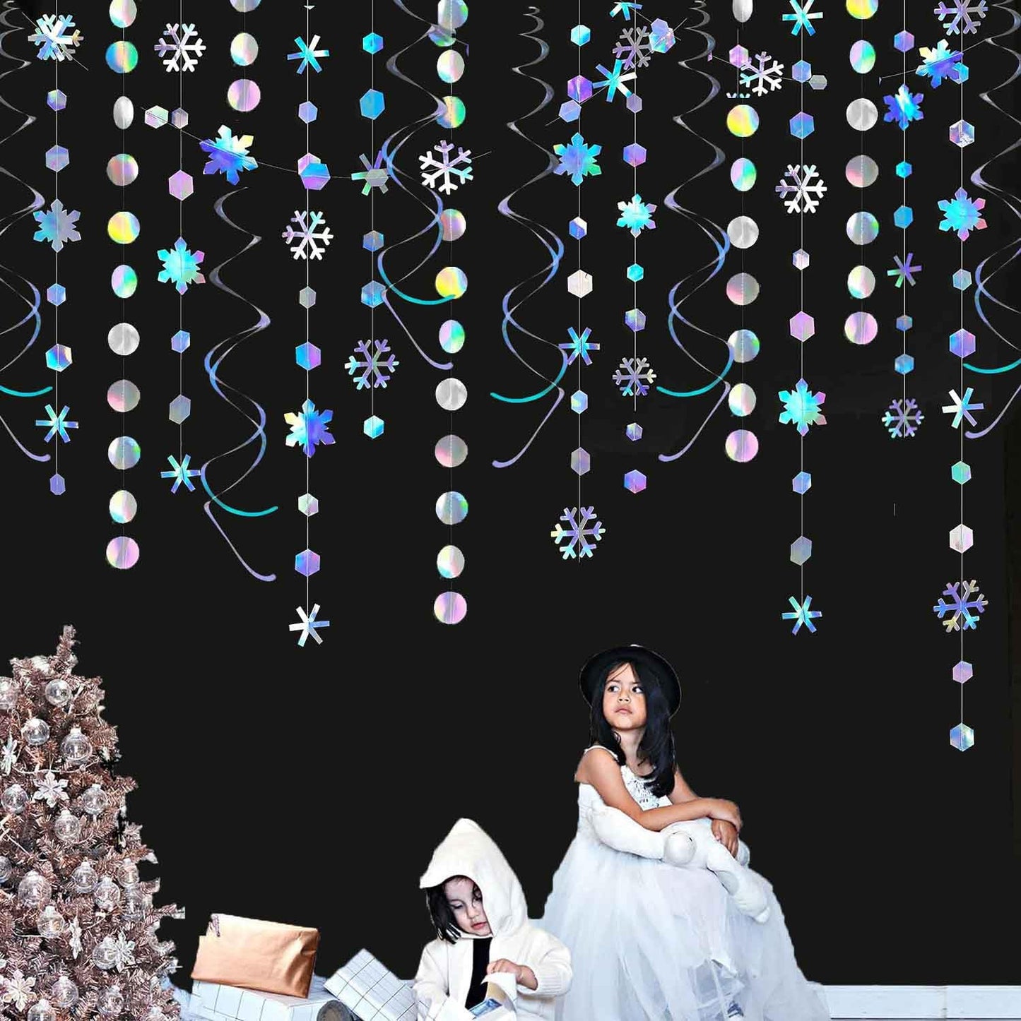 Winter Wonderland Party Decoration Iridescent Snowflake Circle Dots Garland Iridescent White Hanging Swirls Holographic Paper Set for Onederland Christmas Frozen Birthday Wedding Bridal Party Supplies
