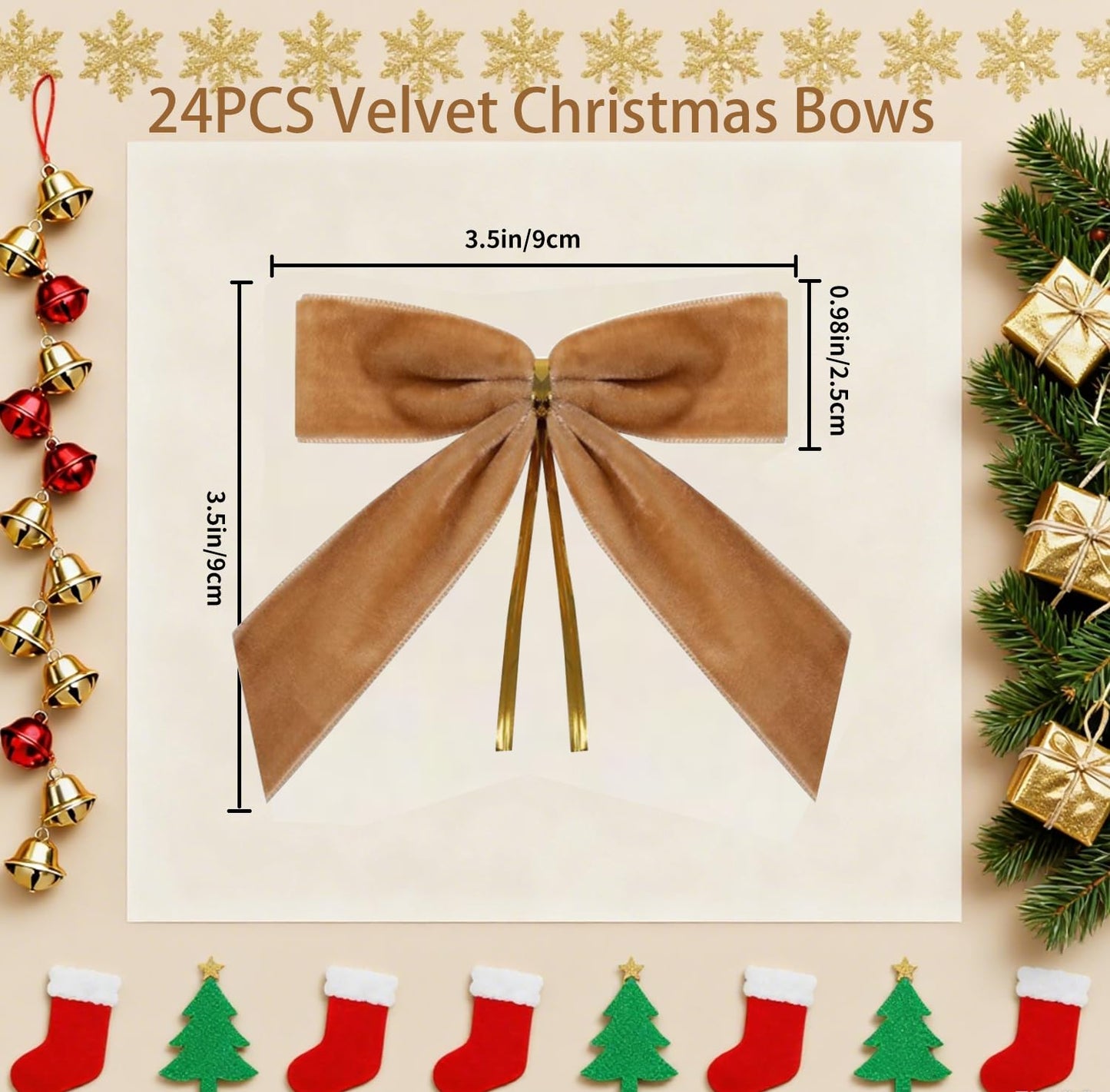 Doacpcr 24 Pcs Small Brown Velvet Bows for Valentines Day Decorations, 3.5 Inch Xmas Khaki Velvet Bow Ornaments for Farmhouse Tree Wreath Garland DIY Craft Gift Wrapping