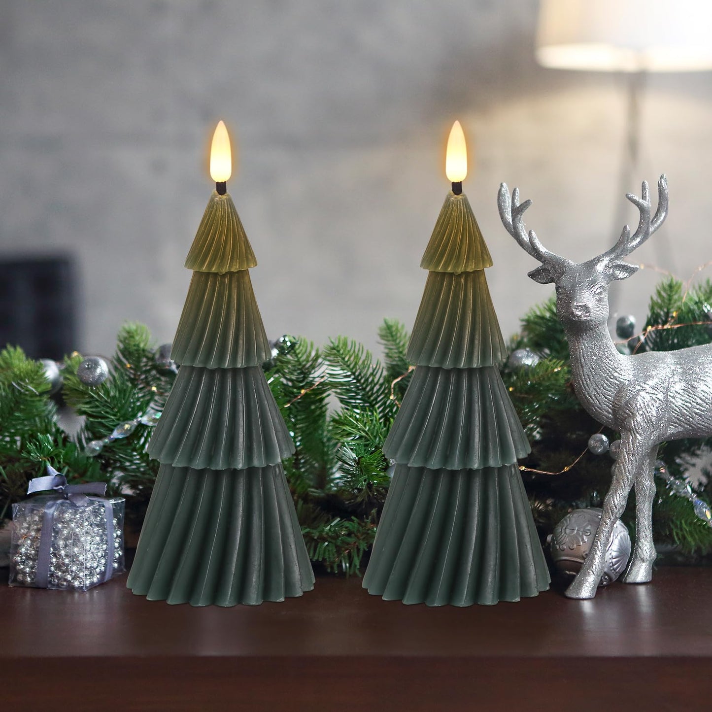 Eldnacele Stripe Christmas Tree Flameless Candle with 6 Hour Timer, Battery Operated(Included) 3D Wick Flickering Real Wax Green LED Candles Xmas Eve Dinner Holiday Decor (2Pcs,3"×7.1")