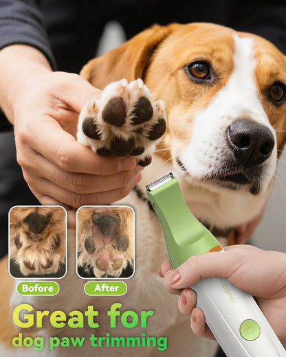 unibono Dog Grooming Kit with Paw Trimmer, All-in-One Low Noise Electric Rechargeable Small Quiet Pet Clippers Foot Dog Hair Shaver with Stainless Steel Scissors and Comb for Dogs at Home (Green)