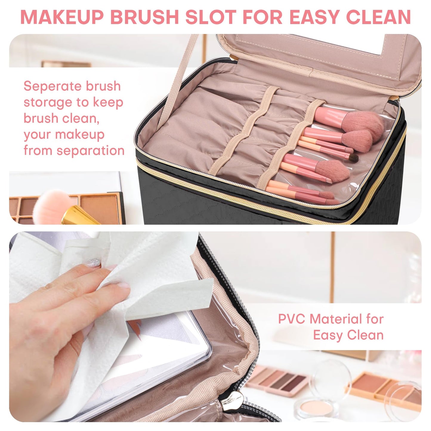 HXLGMD Double Layer Travel Makeup Bag Women, Cosmetic Organizer Case, Travel Essentials Accessories with Shoulder Strap for Bottles, Brushes, Conditioner, Skin Care Products, Black