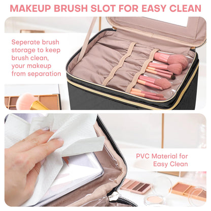HXLGMD Double Layer Travel Makeup Bag Women, Cosmetic Organizer Case, Travel Essentials Accessories with Shoulder Strap for Bottles, Brushes, Conditioner, Skin Care Products, Black