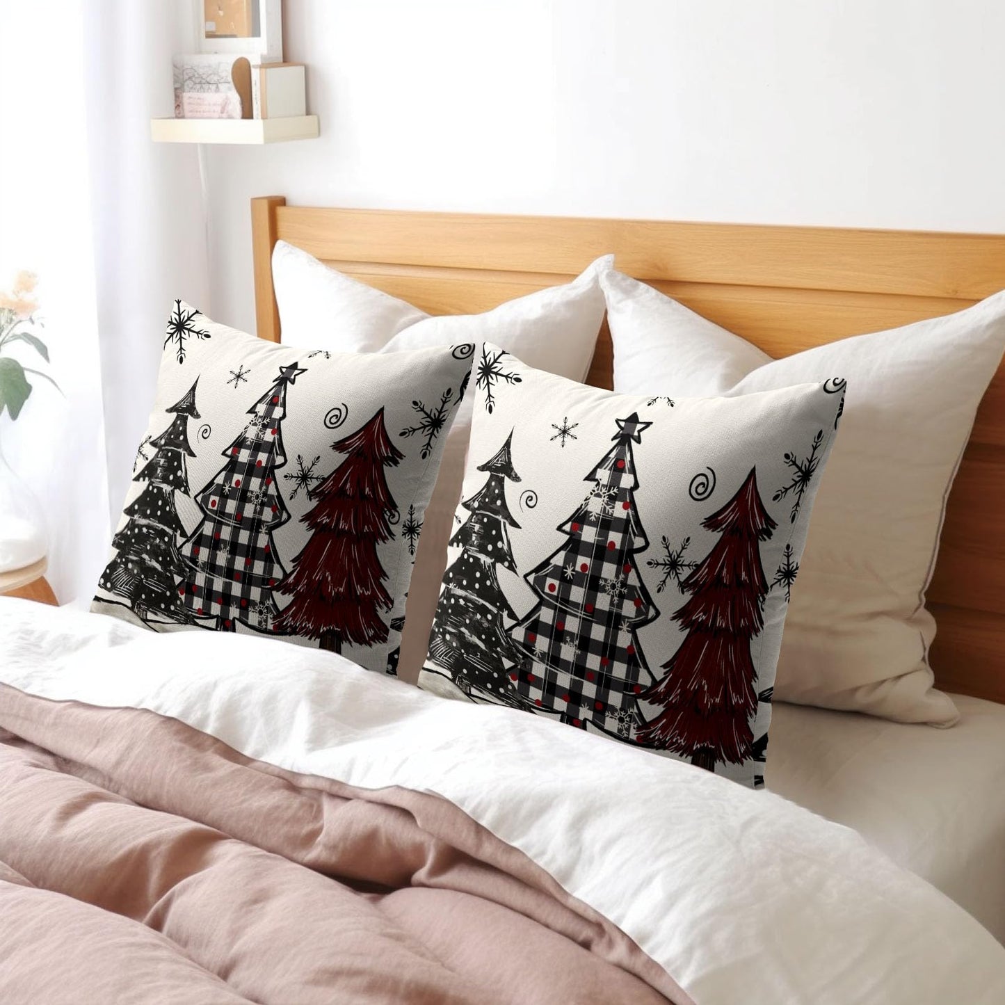 Ancordivo Christmas Pillow Covers 18x18 Inch Set of 2 Xmas Theme Black and Red Tree Snowflake Outdoor Throw Pillows Winter Holiday Buffalo Plaid Pillowcases for Couch Sofa Bed Home Decor