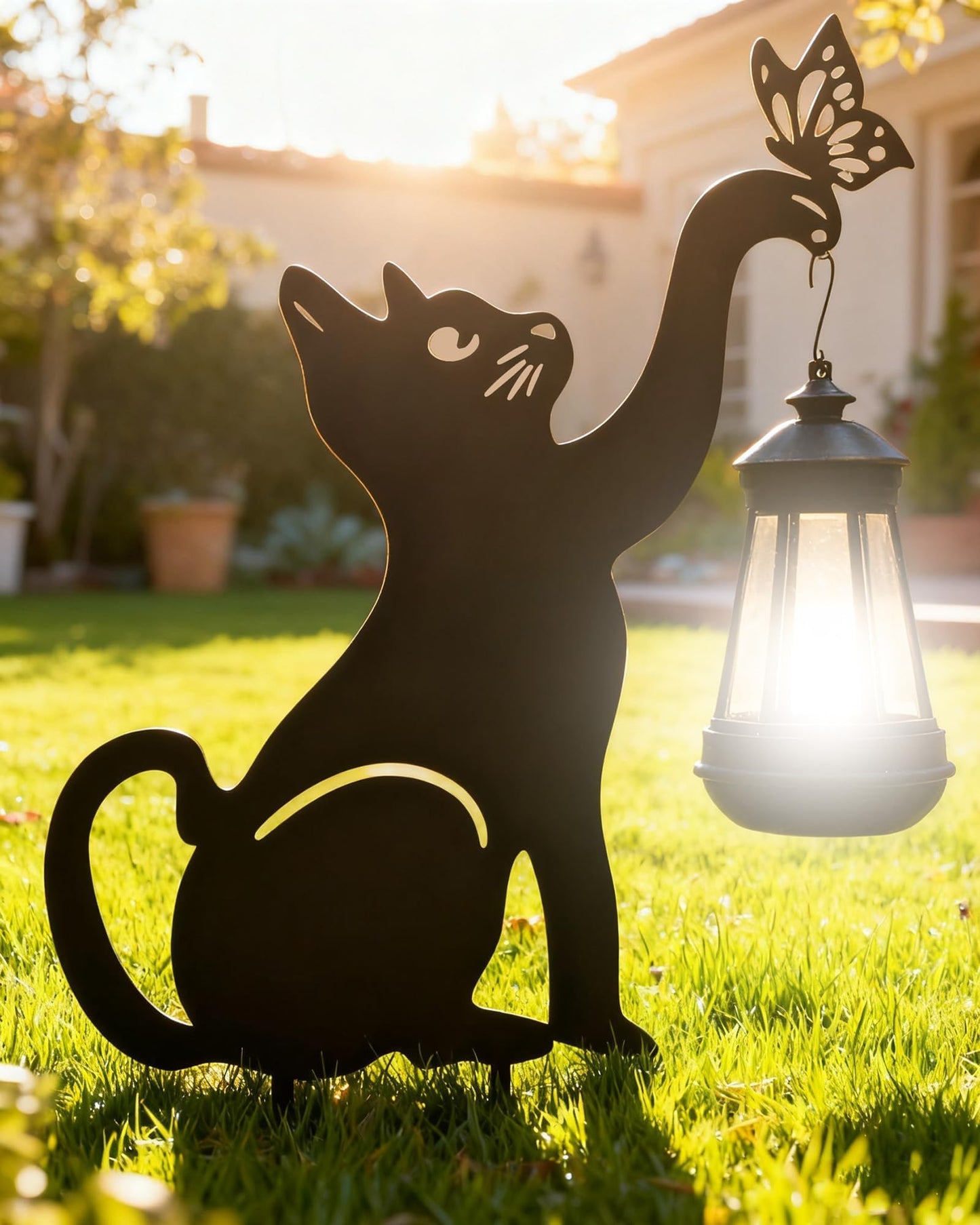 2 Pcs Black Cat Solar Lights Outdoor - Cat Lover Gifts for Mom Woman Grandma,Garden Decor with Butterfly Decorative Metal Stake Housewarming Ornament for Yard Pathway Lawn Patio
