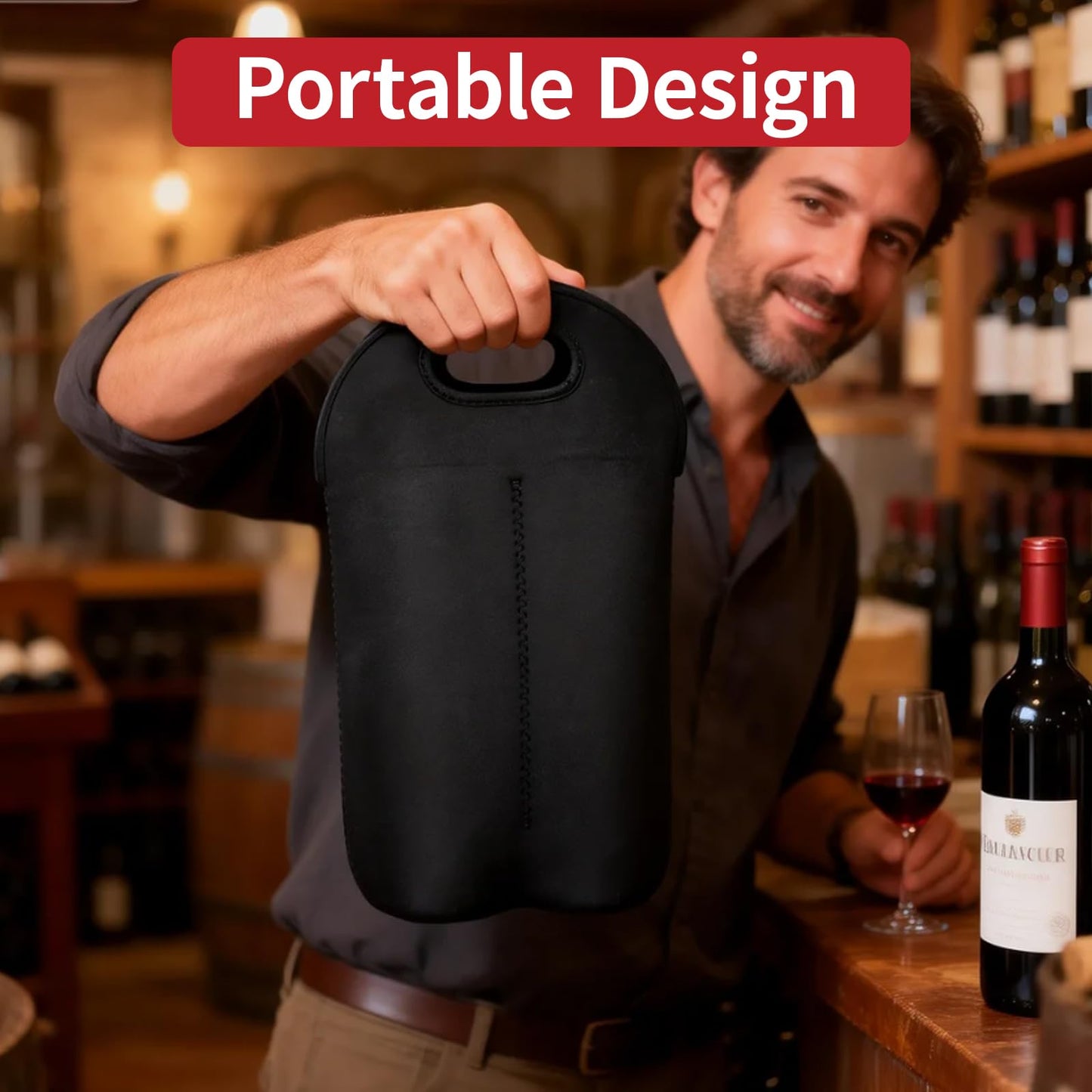 Bottle Caddy Bag Whiskey,4 Bottles Insulated Neoprene Whiskey Bottle Travel Bag, Protective Bottle Carrier Tote with Soft Handle for Outdoor, Picnic & Gift,2 Pack Black