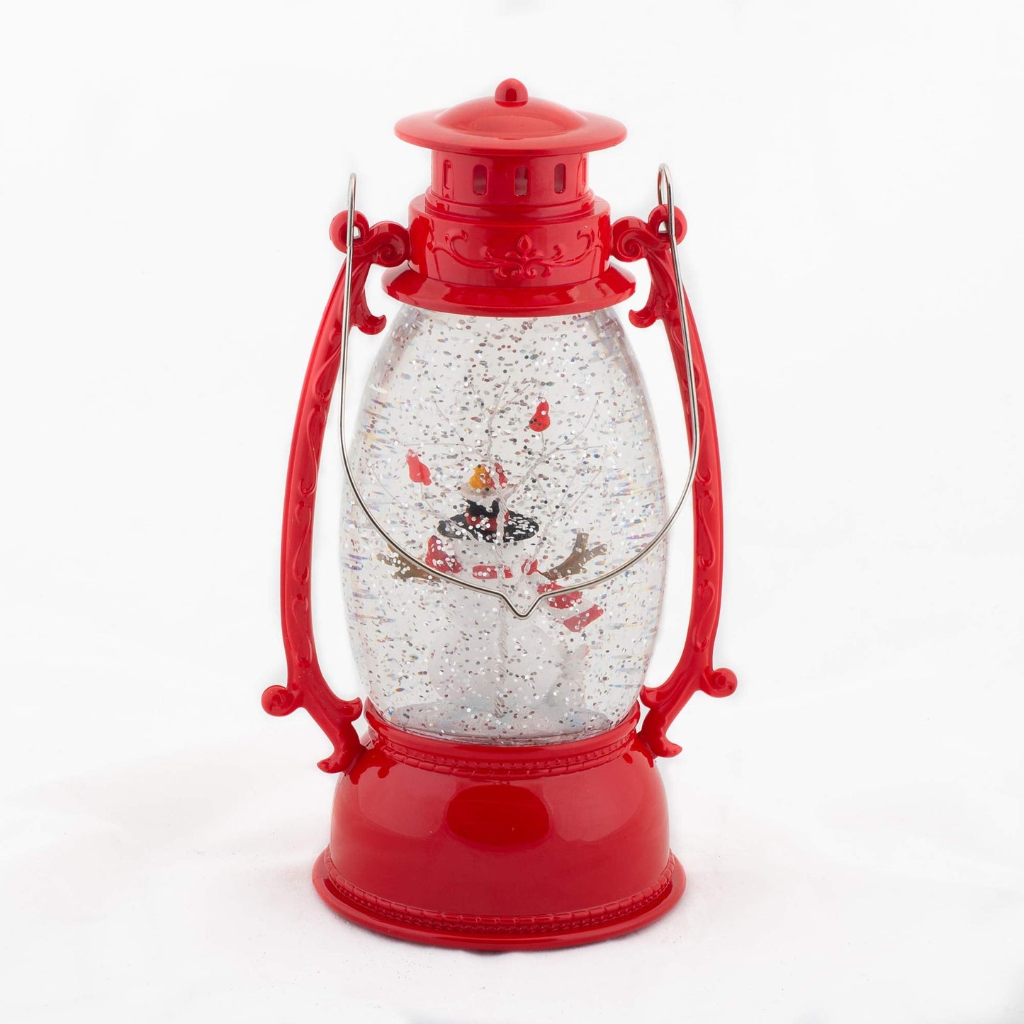Red Vintage Lantern Snowman Swirling LED Light 10 Inch Acrylic Holiday Glitter Globe