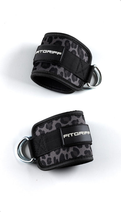 Fitgriff® Ankle Straps V1 for Cable Machine (2 Pieces) - Gym Workout Equipment - Leg Pulley Attachment, Kickback Straps (Leopard)