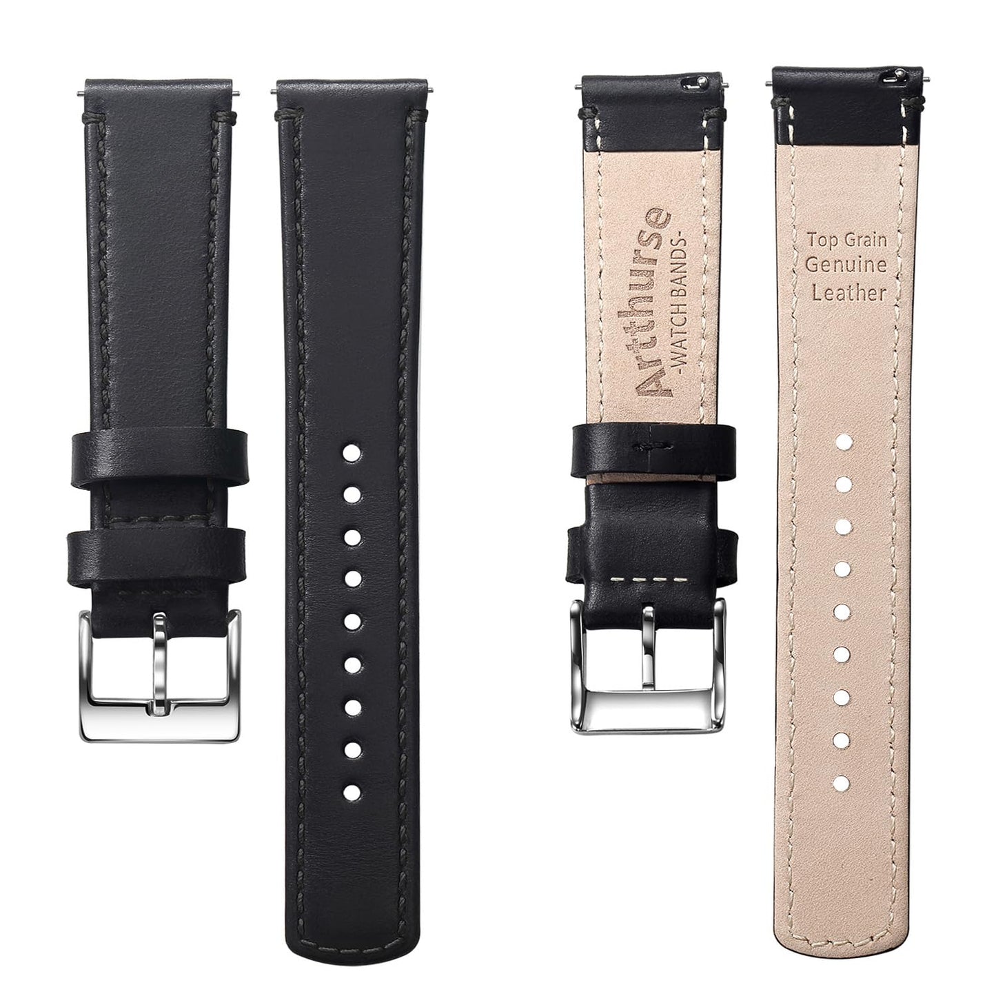 Artthurse Top Grain Leather Watch Band, Quick Release Genuine Leather, 18mm 20mm 22mm Watch Strap for Men and Women (Black/Silver, 20mm)