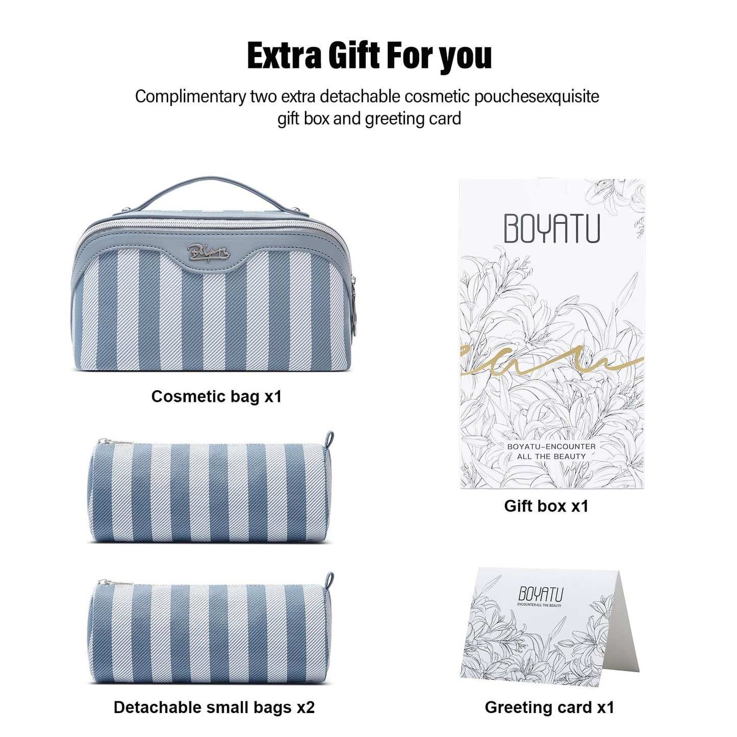 BOYATU Travel Makeup Bag Cosmetic Bag for Women: 3 Pcs Set Striped Make up Bag with Compartments - Waterproof Vegan Leather Toiletry Bags with Handle - Makeup Organizer for Travel Essentials(A-1-Blue)