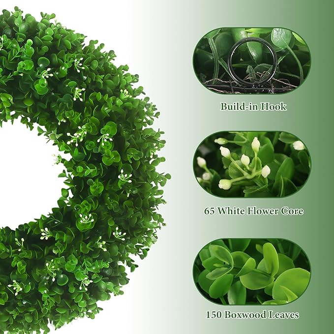 Boxwood Wreaths Front Door 22-24'', Artificial UV Resistant Boxwood Leaves with Flower Core, Greenery Wreath with a Sash for Farmhouse Home Outdoor Indoor Year Round Hanging Decor (Foldable)