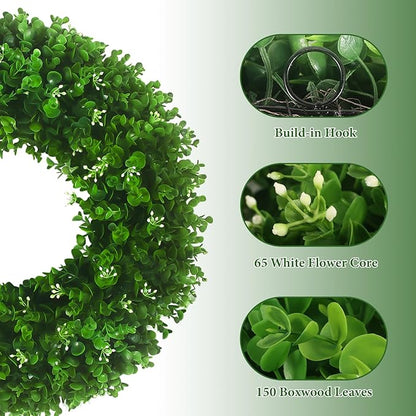Boxwood Wreaths Front Door 22-24'', Artificial UV Resistant Boxwood Leaves with Flower Core, Greenery Wreath with a Sash for Farmhouse Home Outdoor Indoor Year Round Hanging Decor (Foldable)