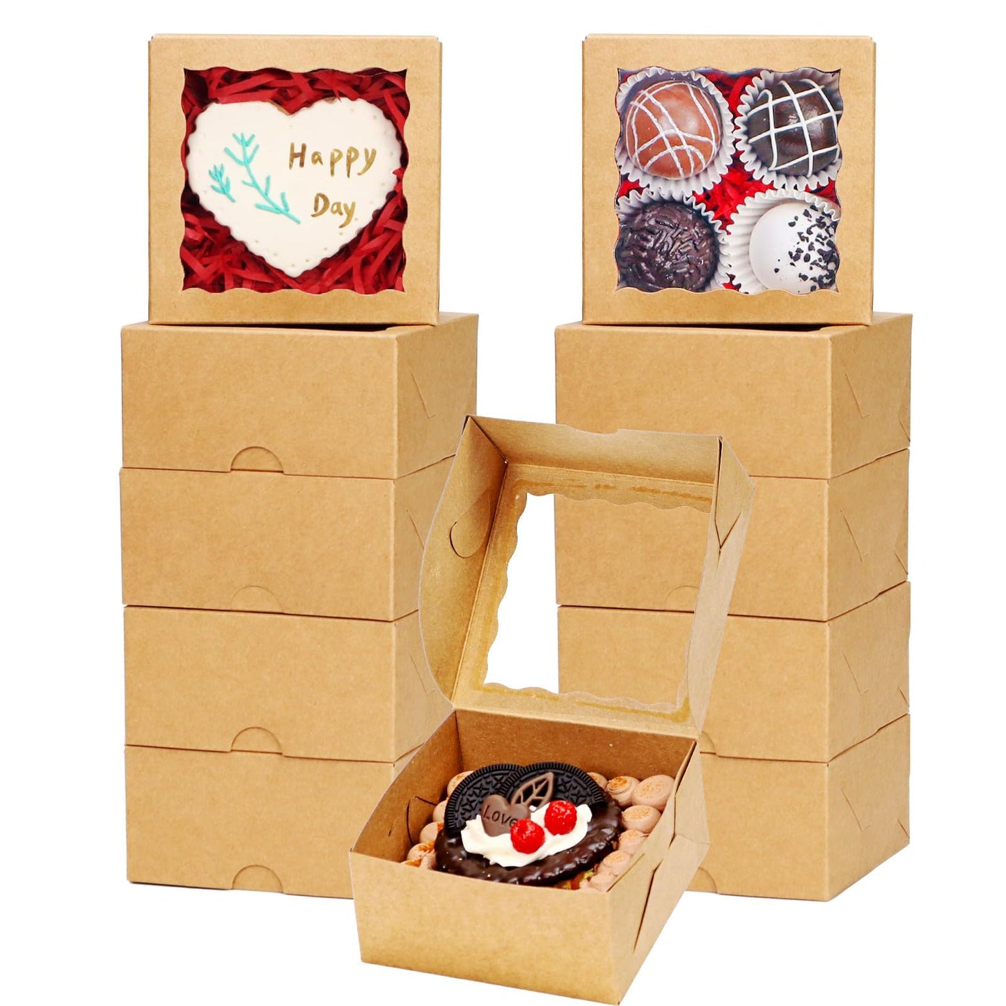 JCXGRVC 50 Pack Cookie Boxes with Window 4x4x2 Inch,Bakery Boxes, Chocolates Strawberries,Treat Boxes, Mini Cake Boxes, Pastry Dessert Boxes for Candy, Cupcakes- Brown Paper