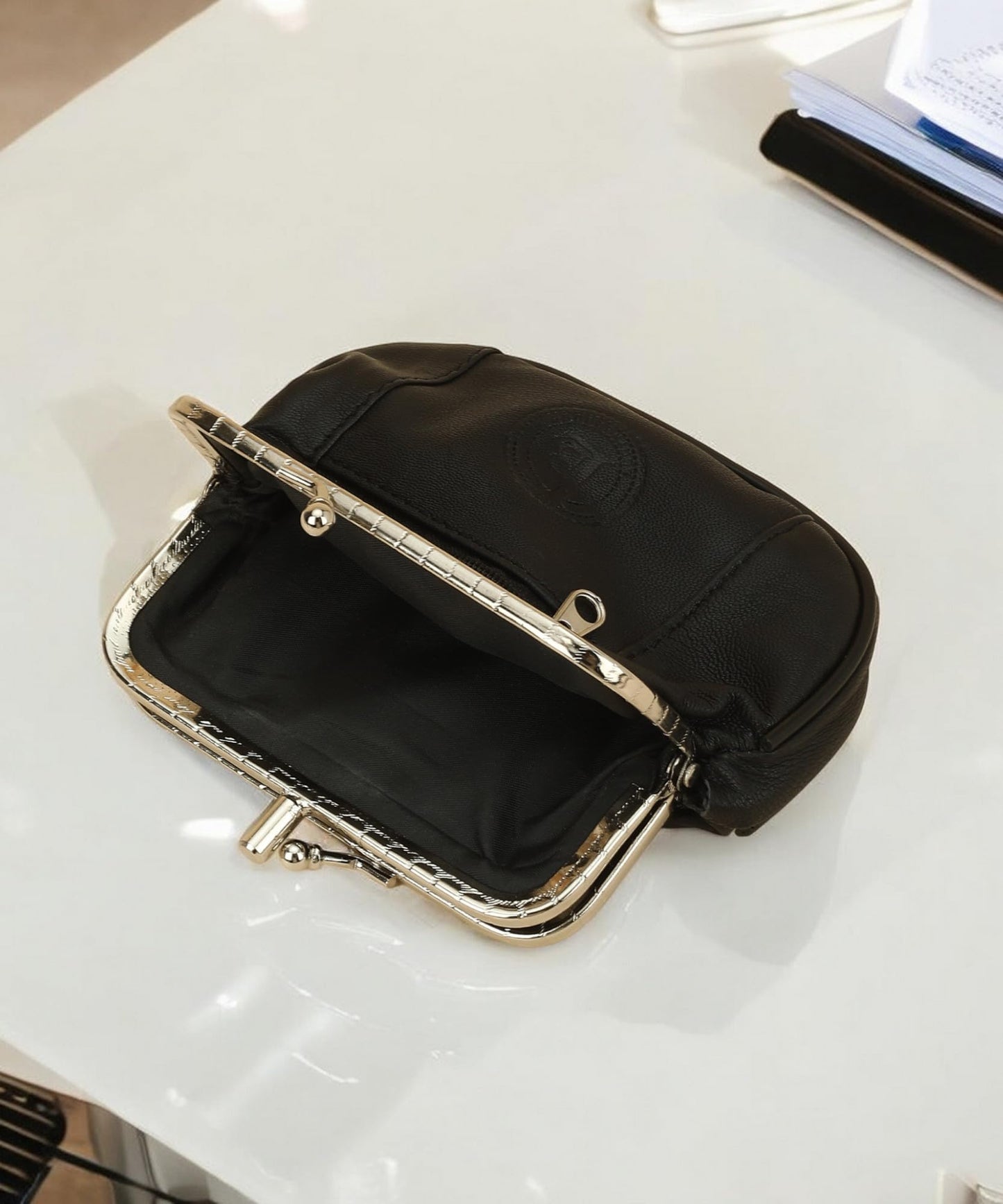Leatherboss Genuine Leather Large Coin Purse Double Frame Wallet With Zipper Pocket, Black