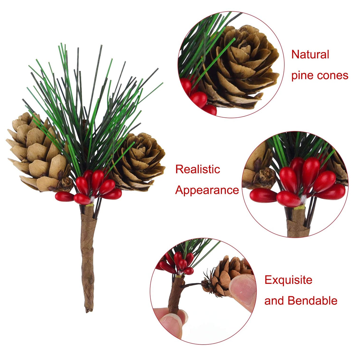 CHRORINE 15 Pcs Artificial Pine Cone Picks and Red Berry Mini Artificial Pine Tree for Christmas Party Flower Wreaths and Holiday Decorations