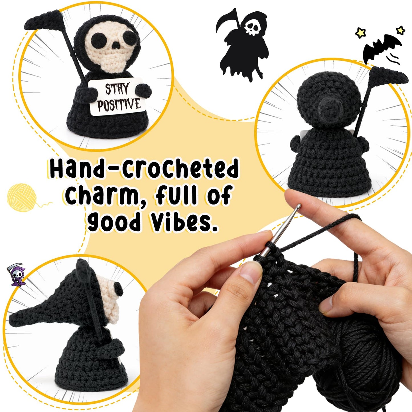 Funny Gothic Grim Reaper Crochet Plush - Spooky Cute Office Decor & Dark Humor Gift - Stay Positive Sarcastic Easter Basket Stuffers Egg Fillers Essentials for Coworker Friend White Elephant Adult