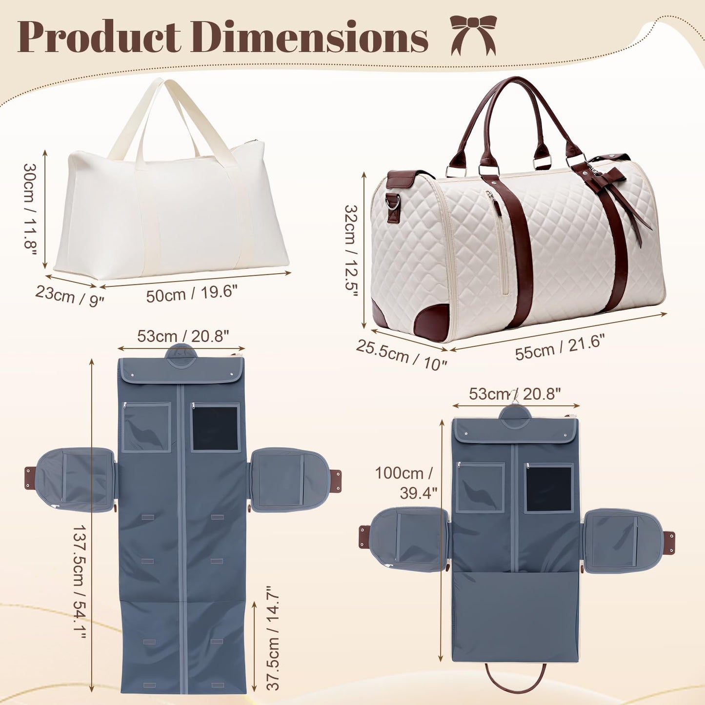 GARPROVM Garment Bags for Travel Women, 3 in 1 Convertible Garment Duffle Bags with Separated Tote Bag, Waterproof Suit Bag Travel Carry On Luggage Weekender Bag for Business Trip, Beige