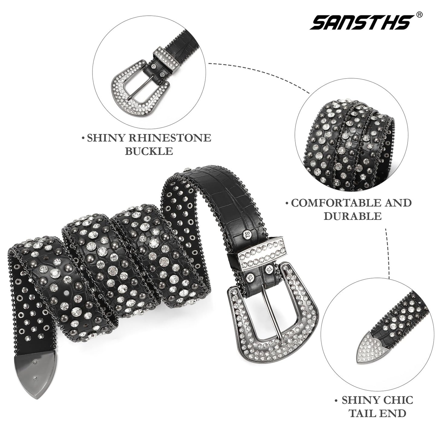 SANSTHS Women Rhinestone Belt for Jeans, Western Cowgirl Bling Studded Belt Faux Crocodile Grain Leather, Black L