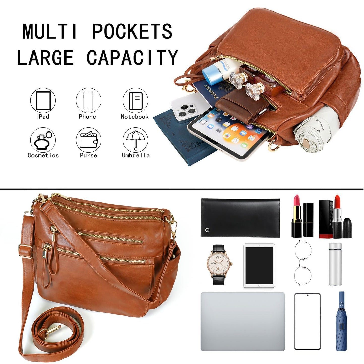 KOGTLA Medium Crossbody Purses for Women, Ladies Roomy Shoulder Bags, Multi Pockets Hobo Handbags Brown