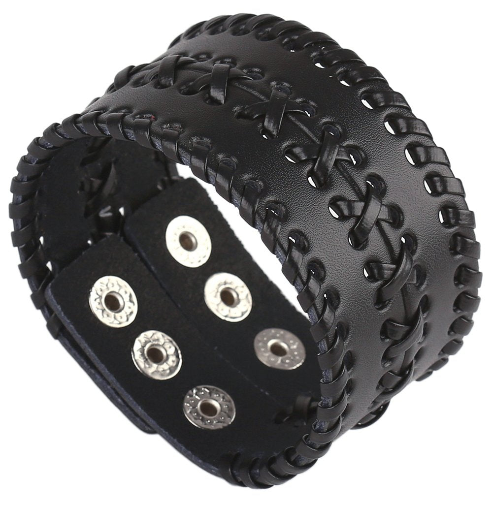 Hamoery Men Leather Bracelet Punk Braided Rope Alloy Bracelet Bangle Wristband