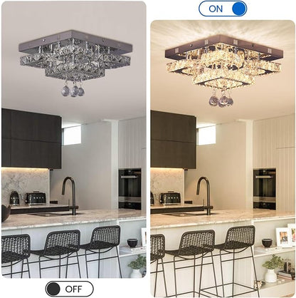 CXGLEAMING 11.8" Modern Crystal Chandelier LED Ceiling Light Fixture Suitable for Kitchen Corridor Hallway Bedroom Bathroom Dining Room 4 Petals/Raindrop Ball Square Wall Switch （Warm Light）