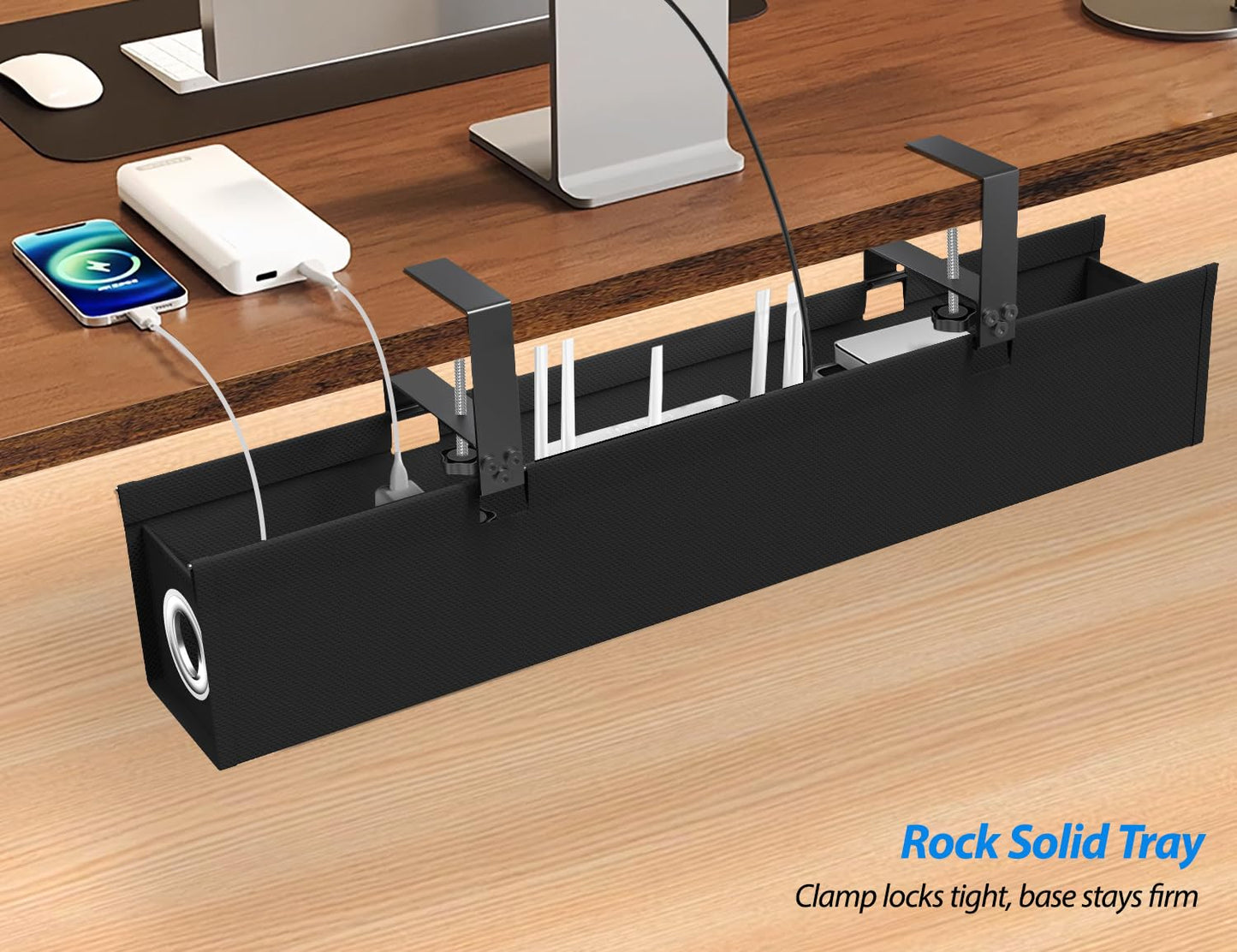 Large Under Desk Cable Management Tray No Drill, Suolaao 30" Cord Organizer with Oxford Fabric, Clamp Mount, Holds 30 lbs, Large Cable Rack for Gaming & Home Office Standing Desk