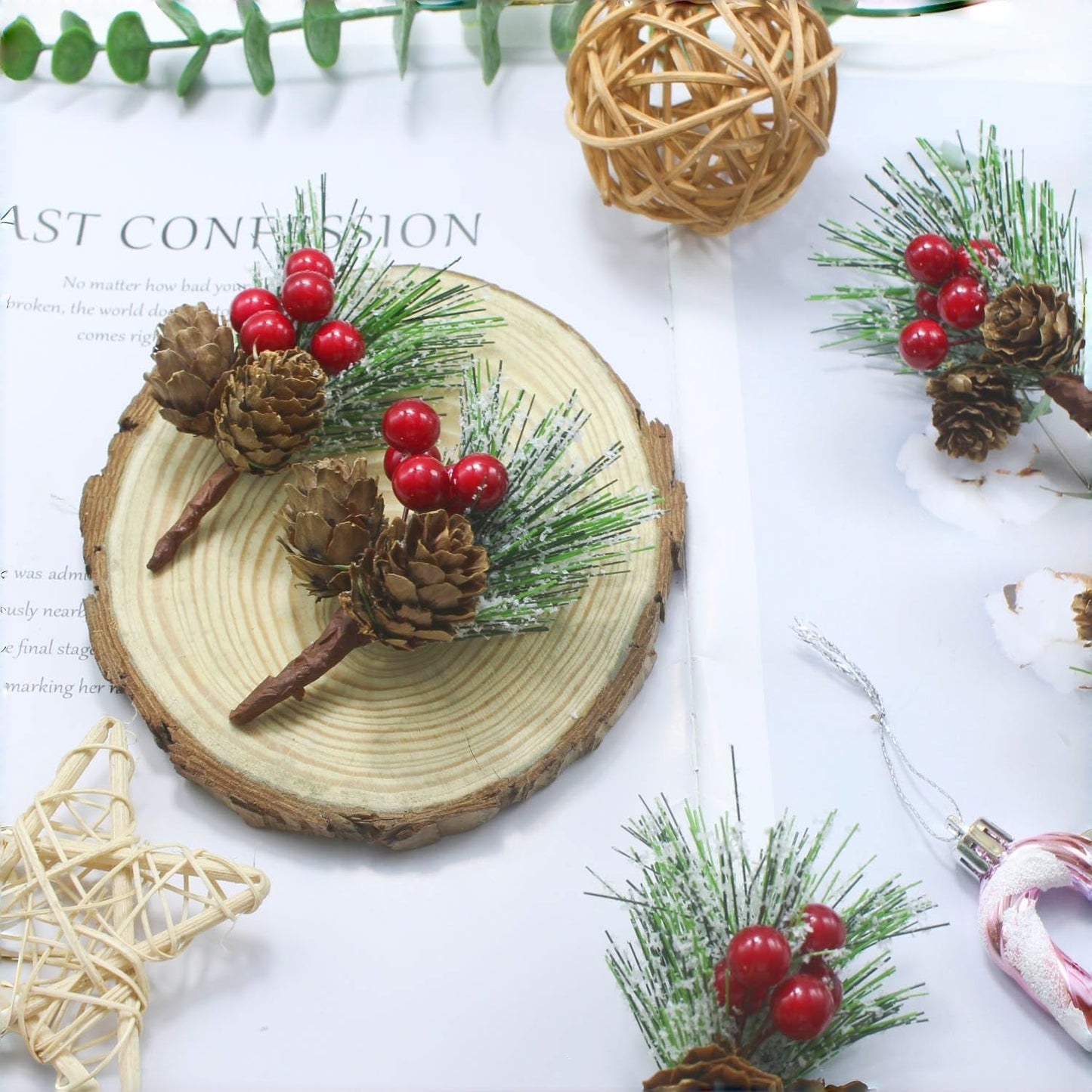 Snow Frosted Christmas Picks and Sprays, 20Pcs Artificial Pine Needles Branches with Red Berries, Pine Cones for Crafts, Floral Picks for Christmas, Winter Decor, Gift Wrap Embellishments (20)