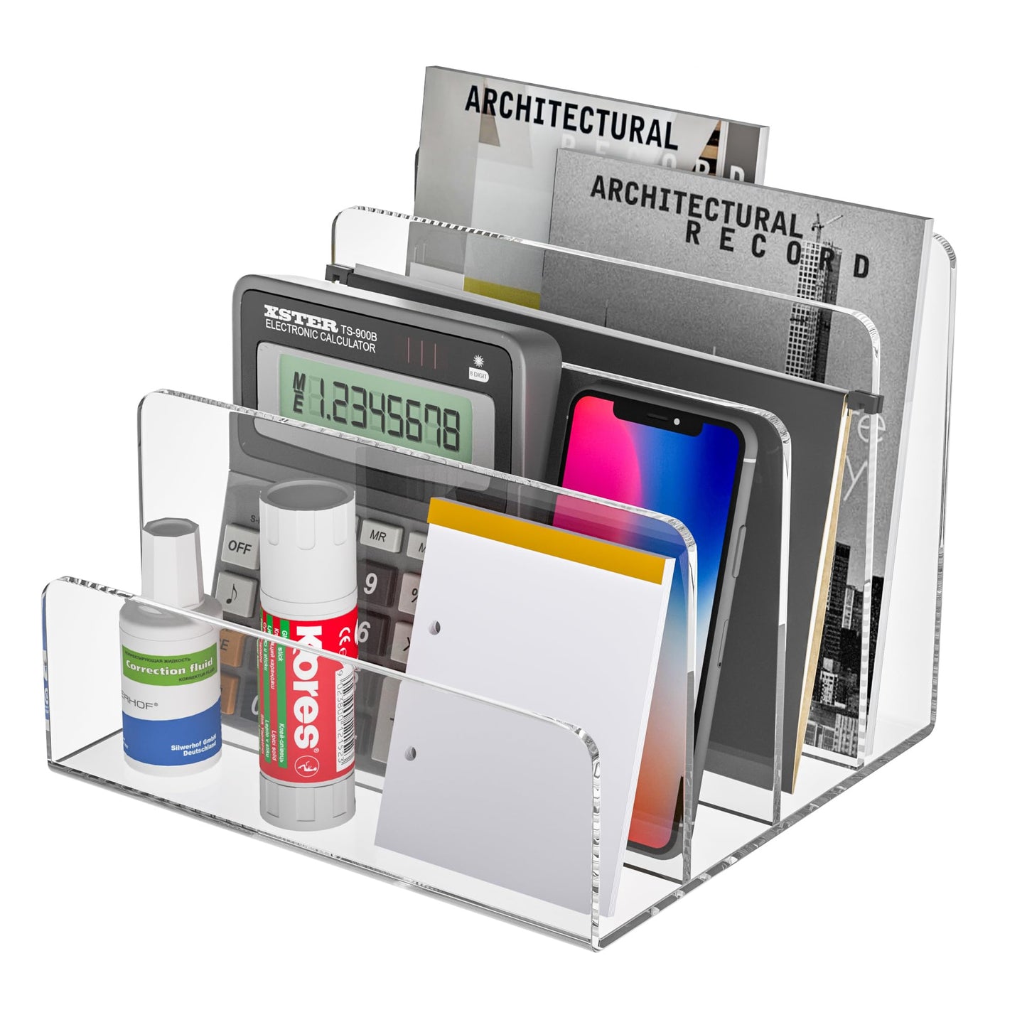 Sezanrpt Acrylic File Holder 4 Compartment, Clear Desk File Organizer, Acrylic Organizer for Books, Phone, Ipad, Envelope, Notebook, Calculator