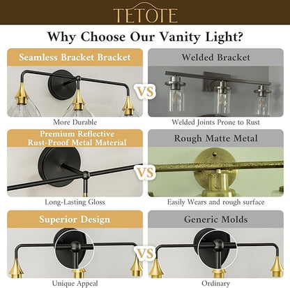 TETOTE 5-Light Modern Bathroom Light Fixtures, Over Mirror Black & Gold Wall Lamp with Clear Glass