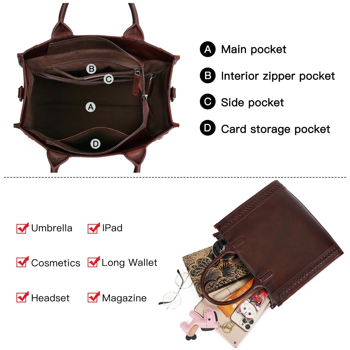 Leather Tote Bag for Women Genuine Leather Top Handle Work Tote Purse Women's Crossbody Handbags Designer Satchel Hand bags Coffee