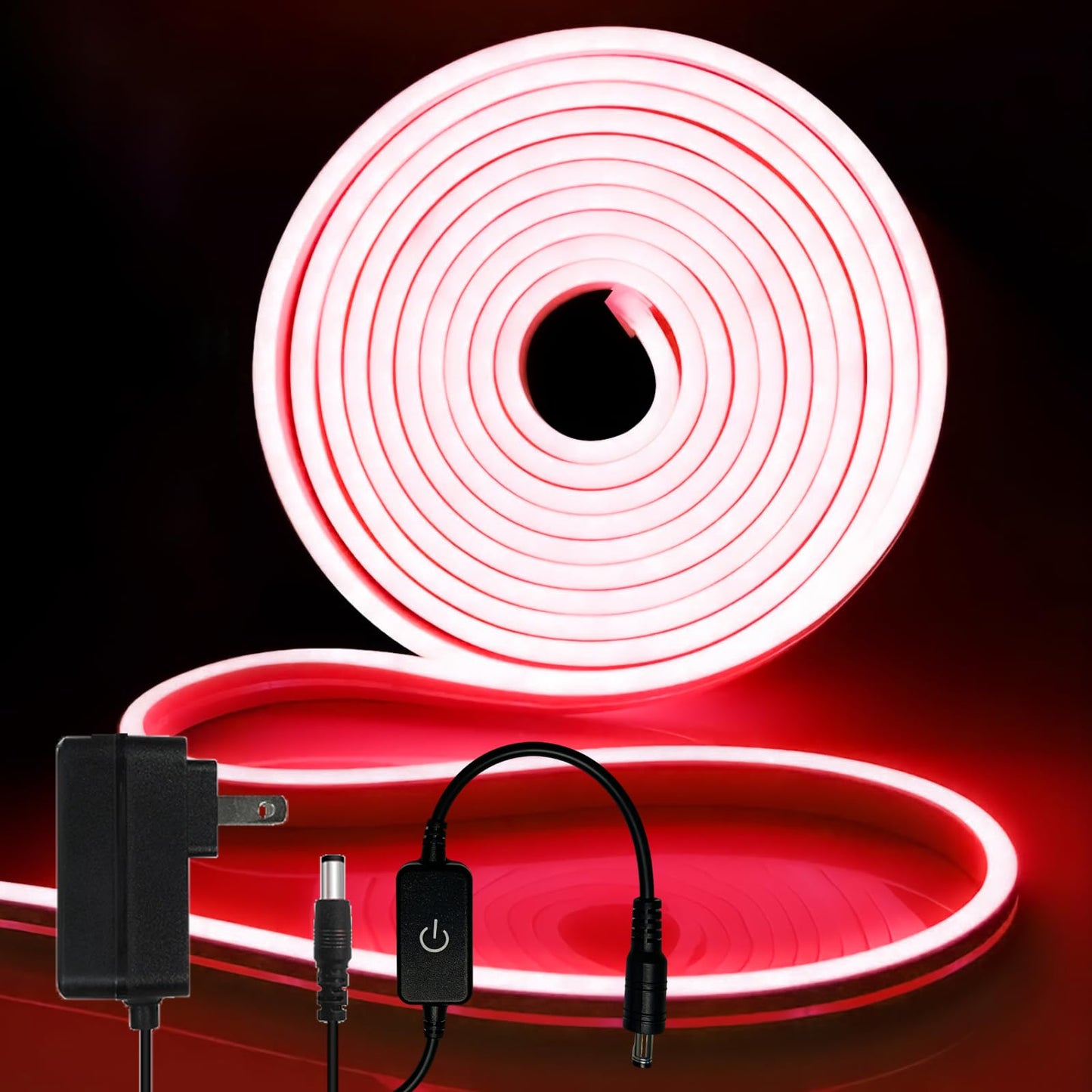 iNextStation Red Neon LED Light Strip, 16.4FT DC12V Flexible Silicone Neon Rope Lights with Touch Dimmer, IP65 Waterproof Cuttable Light Strip Kit for Gaming Room, Bedroom, Home Decor(with Plug)
